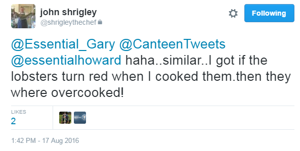 @shrigleythechef - red lobsters overcooked - via Twitter