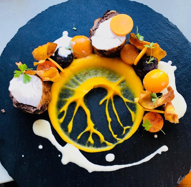 Roast chicken supreme, black pudding mousse, butternut variations, confit egg yolk, thyme infused cream by chef Sean King, chefs to follow on Instagram, food pics, social media, The Staff Canteen, Instagram Top Ten