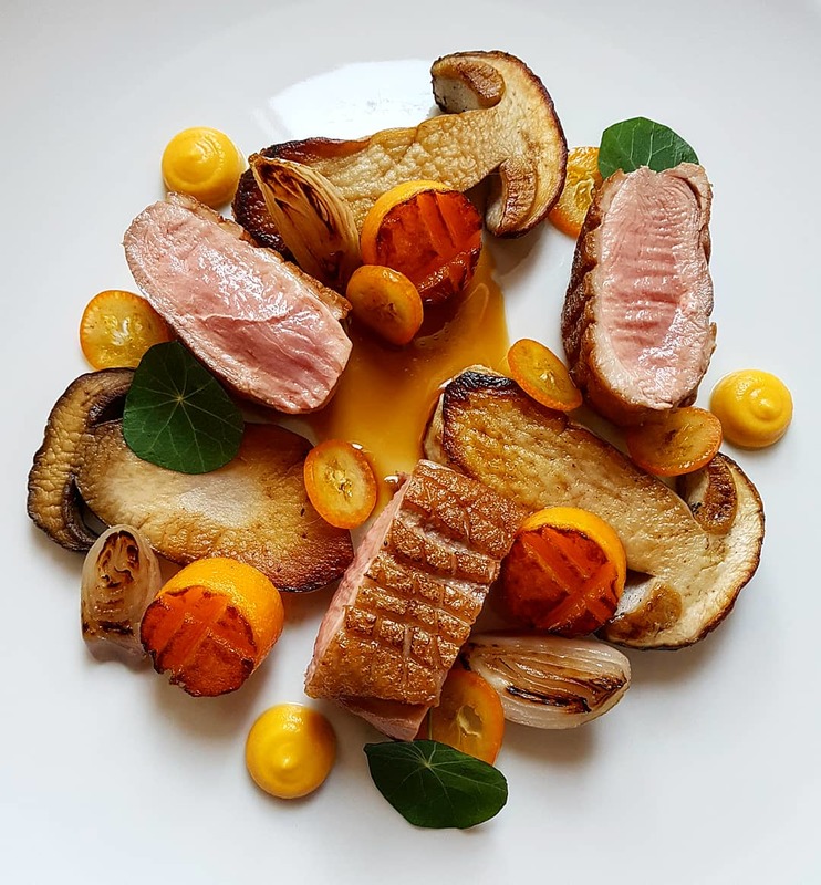 Sous vide duck breast, pan seared porcini, sweet potato fondant, butternut squash puree, candied kumquat, orange duck jus by chef Sasa Vojnovic, chefs to follow on Instagram, food pics, social media, The Staff Canteen, Instagram Top Ten