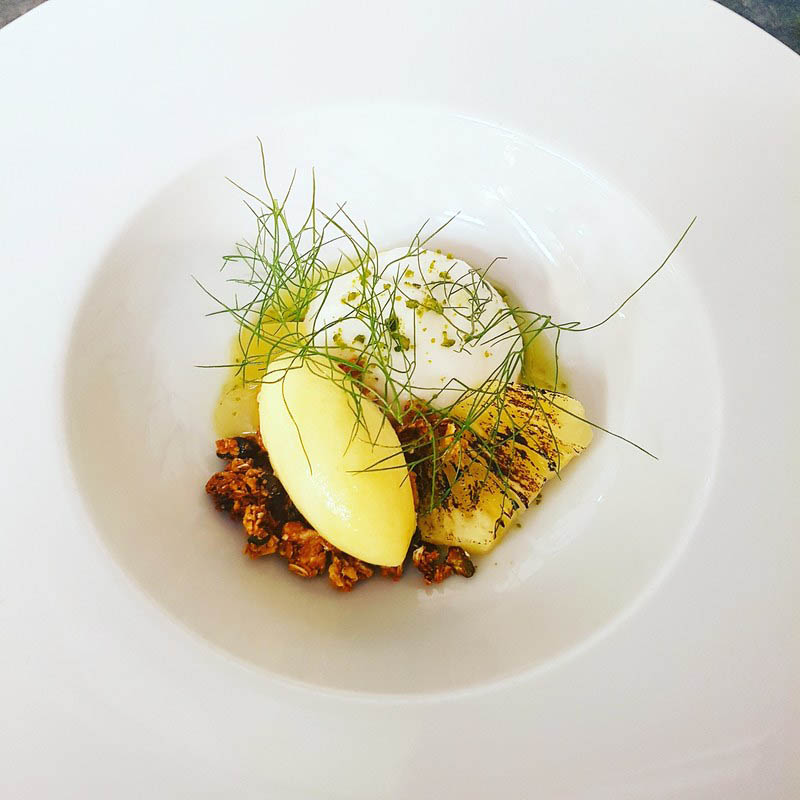 Vegan dessert - Whipped coconut, torched sous vide pineapple, sour pineapple jelly, pistachio granola, baked pineapple sorbet by chef Sam Willis, chefs to follow on Instagram, food pics, social media, The Staff Canteen, Instagram Top Ten