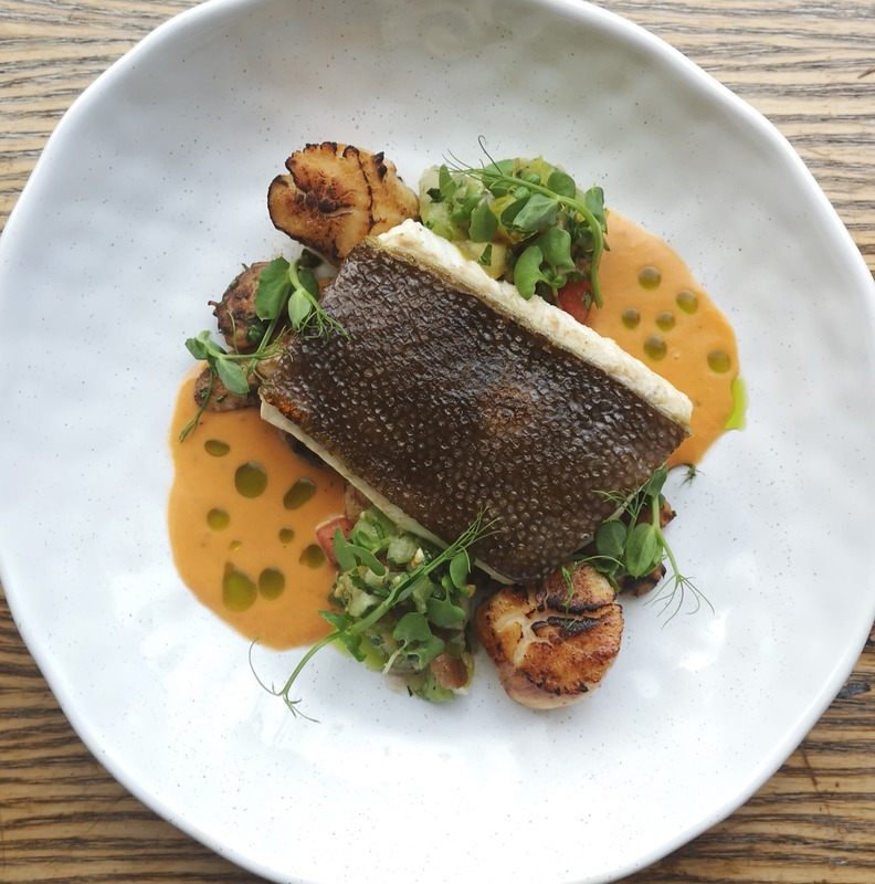 Grilled plaice fillet, pan fried scallops, burnt butter butter beans, heritage tomato salsa and cherry tomato emulsion by chef Owen Morrice, chefs to follow on Instagram, food pics, social media, The Staff Canteen, Instagram Top Ten