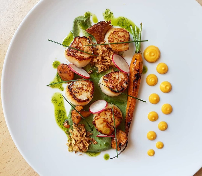 Pan seared scallops, broccoli puree, thyme butter seared chanterelle, carrot, butternut puree, crispy chicken skin flakes, chive oil by chef Sasa Vojnovic, chefs to follow on Instagram, food pics, social media, The Staff Canteen, Instagram Top Ten