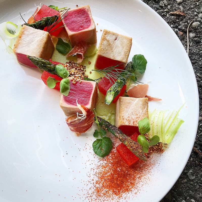 1.	Ahi, chilli and lime compressed watermelon, citrus roasted asparagus, avocado and wasabi purée by chef Ryne Harwick, chefs to follow on Instagram, food pics, social media, The Staff Canteen, Instagram Top Ten