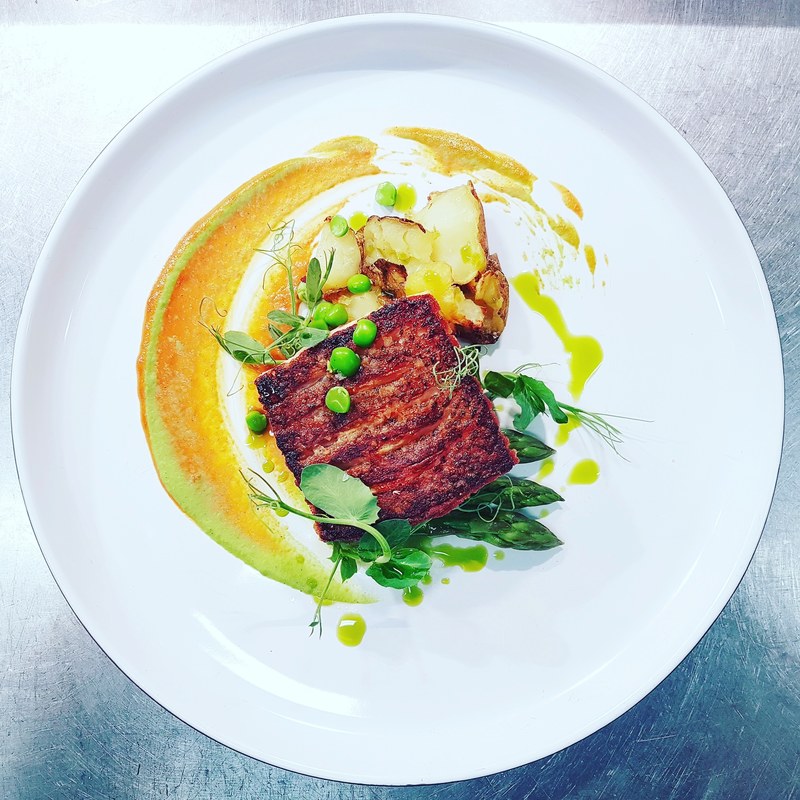 Pan roasted sea trout, Yorkshire asparagus, Spring pea purèe, red pepper purèe, crushed buttery Jersey Royals, Spring pea, wild garlic & mint oil by chef Zong Tang, chefs to follow on Instagram, food pics, social media, The Staff Canteen, Instagram Top Ten