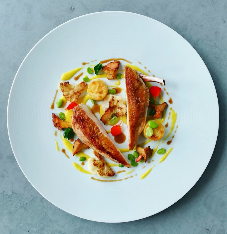 2.	Butter roast chicken breast, sweet corn puree, chanterelles, sautéed cauliflower, potato, fava beans, fondant, chicken jus by chef Onik Minasian, chefs to follow on Instagram, food pics, social media, The Staff Canteen, Instagram Top Ten