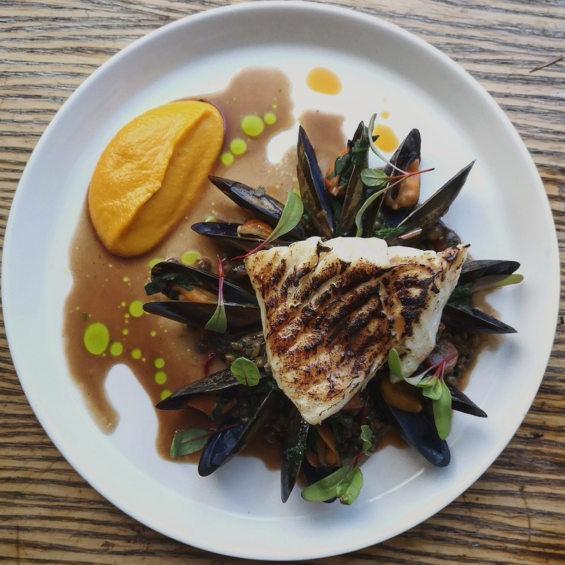 Butter poached and torched turbot, puy lentils and mussels, carrot and butter purée, red wine reduction by chef Owen Morrice, chefs to follow on Instagram, food pics, social media, The Staff Canteen, Instagram Top Ten