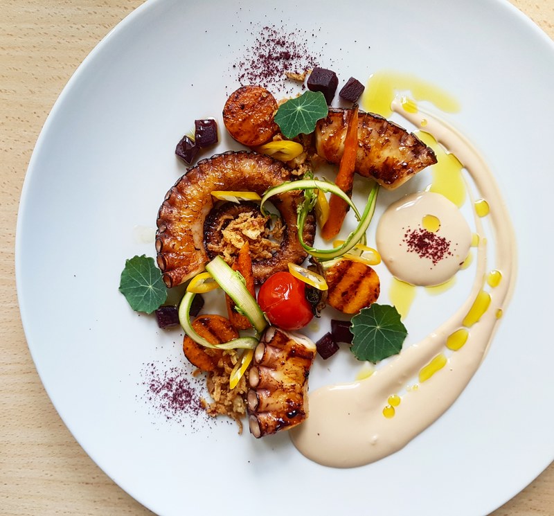 5.	Sous vide grilled octopus, spicy beetroot, grilled carrot and butternut squash, roasted onion creme fraiche cream, beet powder by chef Saša Vojnović, chefs to follow on Instagram, food pics, social media, The Staff Canteen, Instagram Top Ten