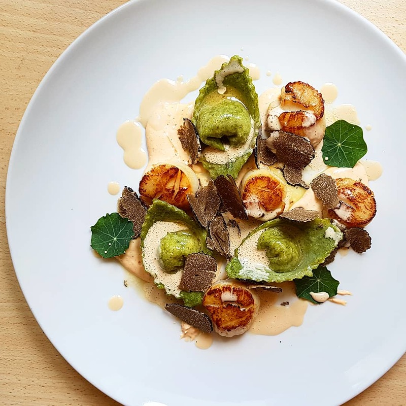 Spinach tortellini with braised prawns, thyme butter seared scallops, roasted celery root puree, crab bisque, black truffle by chef Saša Vojnović, chefs to follow on Instagram, food pics, social media, The Staff Canteen, Instagram Top Ten