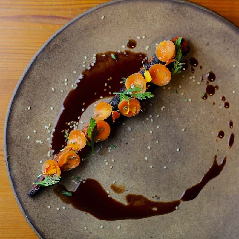 All day baked carrot, charred carrot purée, poached carrot, benne seeds, smoked tops, vegan jus by chef Christopher Piro, chefs to follow on Instagram, food pics, social media, The Staff Canteen, Instagram Top Ten