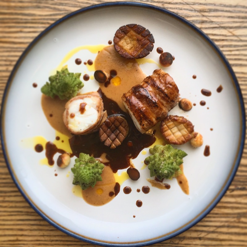 Monkfish tail wrapped in smoked bacon, caramelised cauliflower puree, roast king oyster mushrooms and romanesco florets, toasted macadamia nuts, red wine and monkfish jus and truffle oil by Owen Morrice, chefs of Instagram, top Instagram accounts, chefs to follow on Instagram